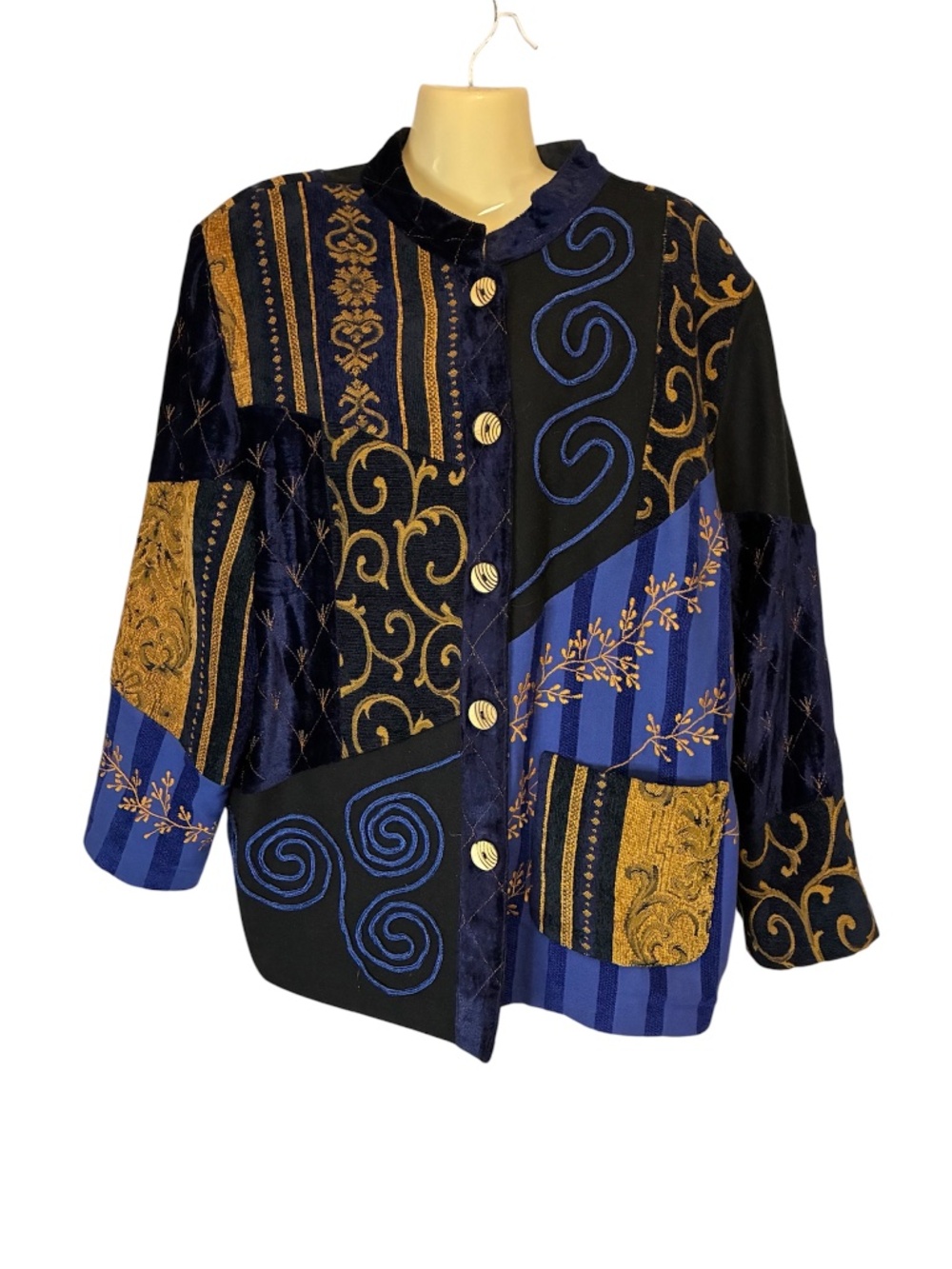 Indigo Moon Vintage Abstract Jacket Patchwork Blazer Bohemian Retro Blue Gold Lg